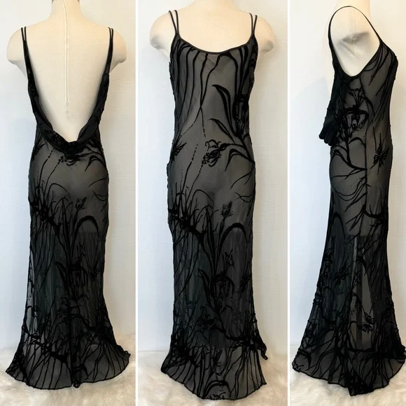 🌺SOLD🌺 Secret Silk Velvet Black Sheer Vintage Maxi Gown Slip Dress - Picture 8 of 8